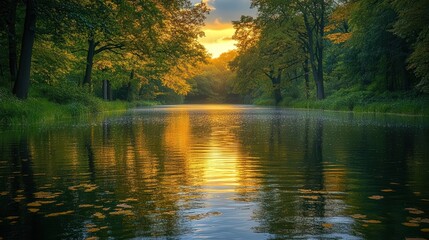 Obraz premium A peaceful river with a reflection of trees,
