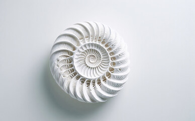 Eleganter, weißer Ammonit auf weißem Hintergrund mit viel Freifläche