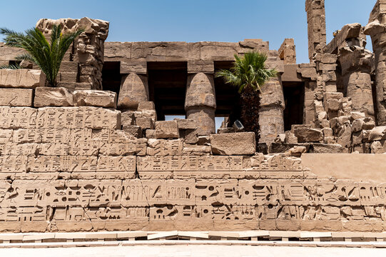 Hieroglyphic inscriptions on Karnak Temple wall in Egypt