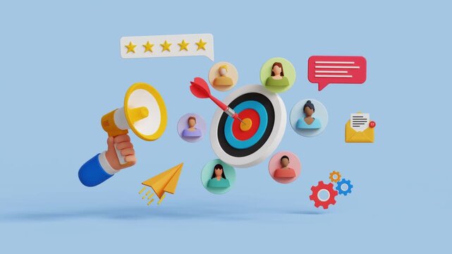 CRM, Customer relationship management concept. Customer target concept. Refining marketing strategies. Customer attraction campaign. 4k 3d animation. Trim first 3 sec for loop