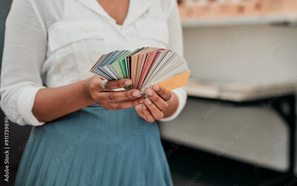 Poster hands, architect and color spectrum in office for choice, decoration and project development at agen