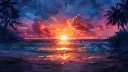 Vibrant sunset over crashing ocean waves
