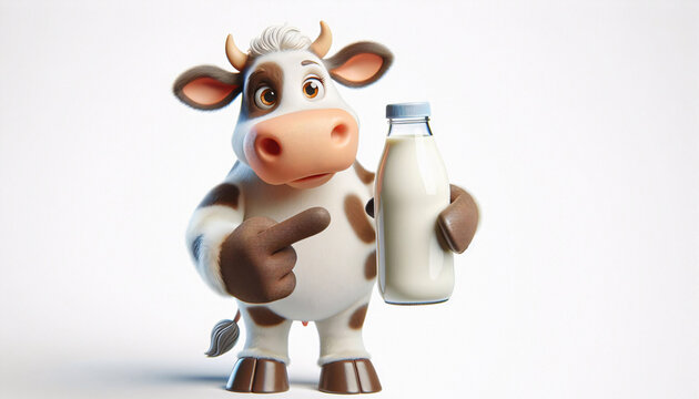 Eine lustige Kuh auf wei&szlig;em Hintergrund , sie zeigt mit einem Finger auf eine Flasche Milch in ihrer anderen Hand, trinkt mehr Milch