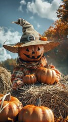 Pumpkin patch, hay bale, scarecrow, harvest time