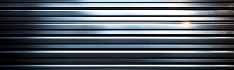  Seamless pattern of shiny metallic corrugated industrial roller shutter door with bright reflections 