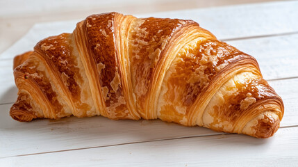 Traditional French food croissant with flaky and golden-brown layers, resting on a white wooden surface.