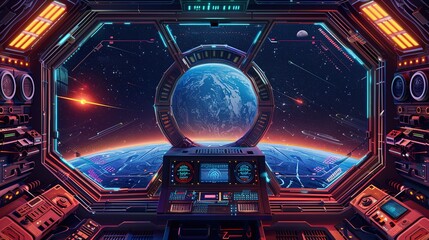 Obraz premium Space ship cockpit interior, shuttle window moon futuristic view, alien spacecraft background. 3D game sci-fi background, metal frame, neon lights, station base. Space ship panoramic star scene1