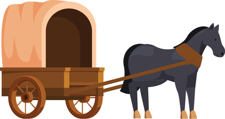 Black horse standing still while harnessed to a wooden covered wagon © nsit0108