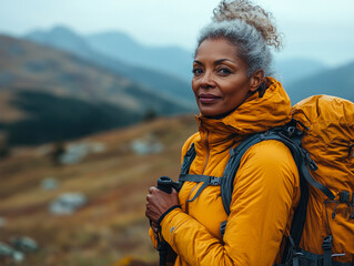 Naklejka premium Active Senior Woman Hiking: Embracing Adventure in Stunning Mountains