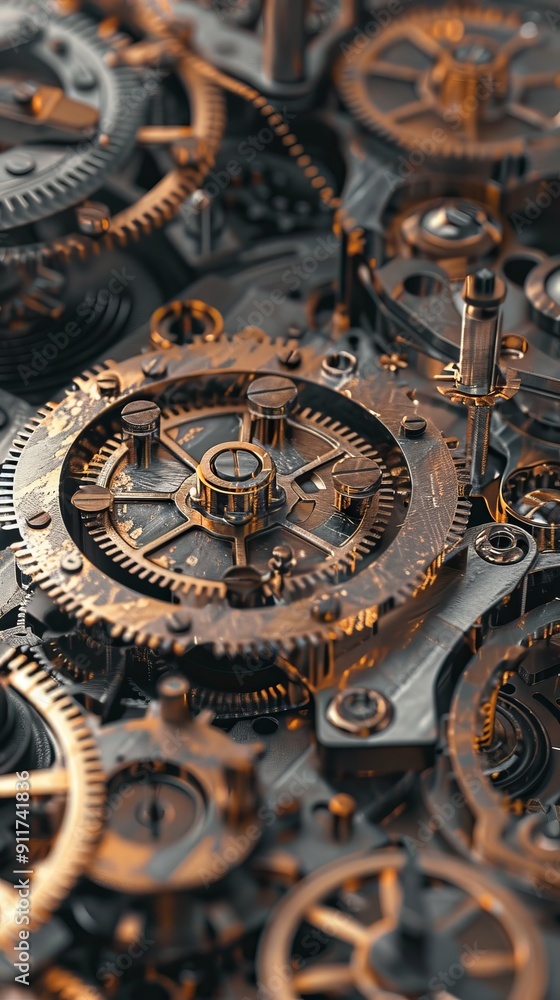 Poster steampunk-inspired clockwork mechanism with gears and cogs