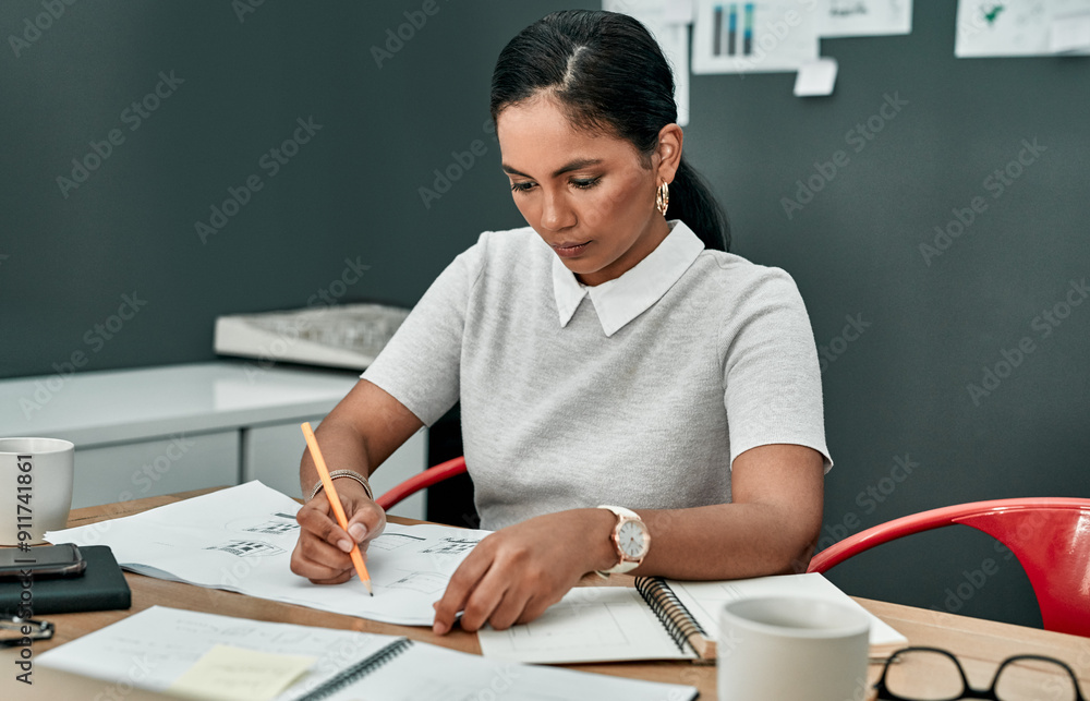 Poster writing, architecture and woman at desk with planning, thinking or project management in creative de