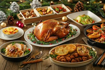 festive christmas feast laid out on rustic wooden table glistening roast turkey centerpiece surrounded by colorful side dishes twinkling fairy lights and pine boughs create magical atmosphere