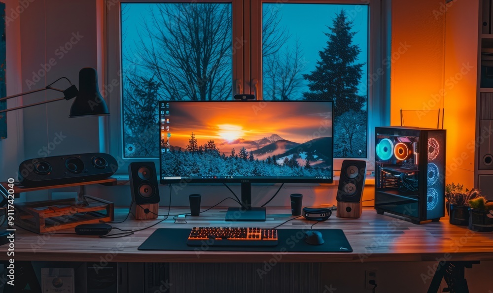 Poster productive work-from-home environment with dual monitors and minimalistic design