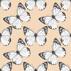Seamless pattern of butterfly. Hand drawn illustration vector. Animal motif. Black and white. Painted butterflies elements on beige background. For fabric, wrapping paper, textile, design, banner