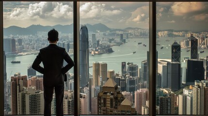 Fototapeta premium A business professional gazes out over the spectacular Hong Kong skyline during the afternoon