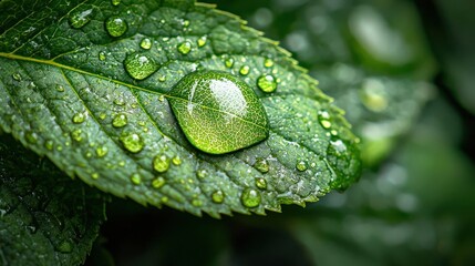 A macro photo of a raindrop on a leaf,