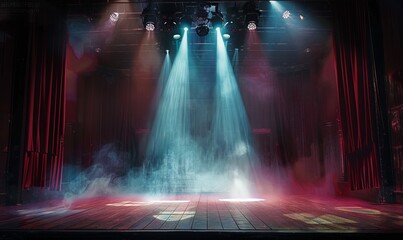 Theater stage light background with spotlight illuminated stage for opera performance. Stage lighting. Empty stage with shifts in color temperature lighting backdrop decoration. Entertainment show
