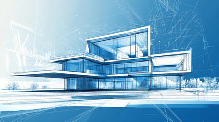 Abstract geometric futuristic architectural background. Building design, urban city structure blueprint, sketch drawing.

