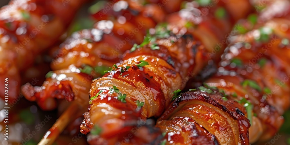 Poster bacon wrapped onion rings with sauce in close up view shallow depth of field