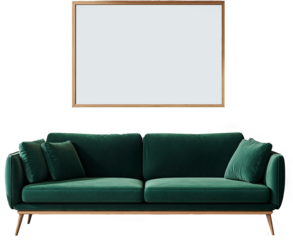 Elegant Deep Forest Green Sofa  Accented by a Natural Wood Blank Frame for a Sophisticated Home Decor Look, wall art mockup