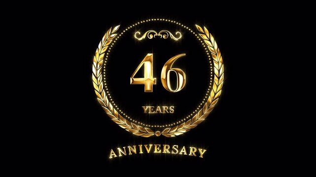 46th Anniversary Celebration. Happy 46 Years Anniversary Animation in Gold Color on the Transparent Background, Alpha Channel. Great for greetings, celebrations, events, and gifts.