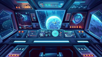 Obraz premium Space ship cockpit interior, shuttle window moon futuristic view, alien spacecraft background. 3D game sci-fi background, metal frame, neon lights, station base. Space ship panoramic star scene1