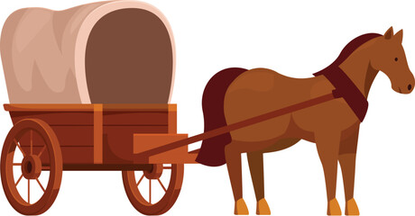 Brown horse is harnessed to a wooden wagon with a beige canvas cover © nsit0108