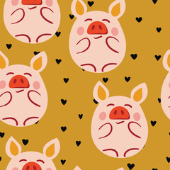 Vector flat animals colorful illustration for kids. Seamless pattern with cute pig on color floral background. Adorable cartoon character. Design for textures, card, poster, fabric, textile