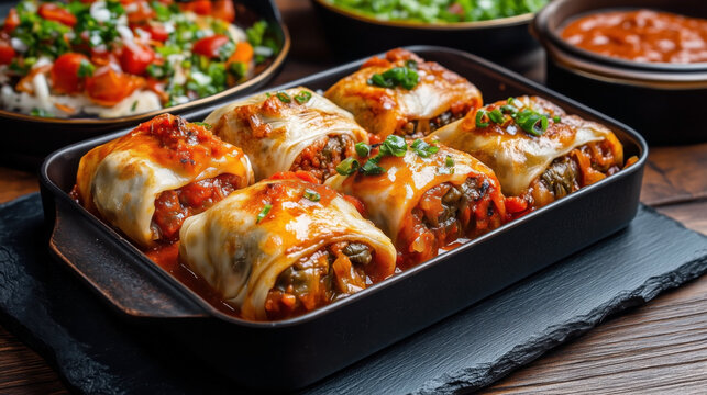 Traditional Polish food Go苅쐀bki (cabbage rolls) filled with minced meat, rice, and vegetables, wrapped in cabbage leaves, and topped with tomato sauce.