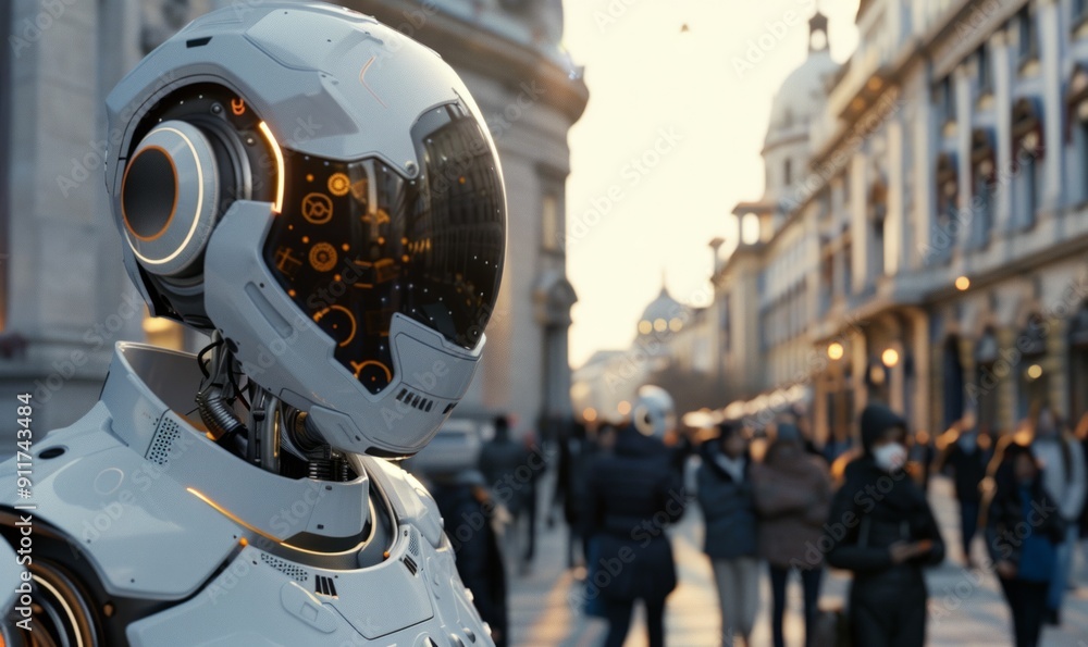 Poster futuristic humanoid robot interacting with humans in a smart city, advanced ai integration