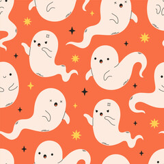 Seamless pattern with scary ghosts, spirits. Happy Halloween, trick or treat. Vector illustration in flat style