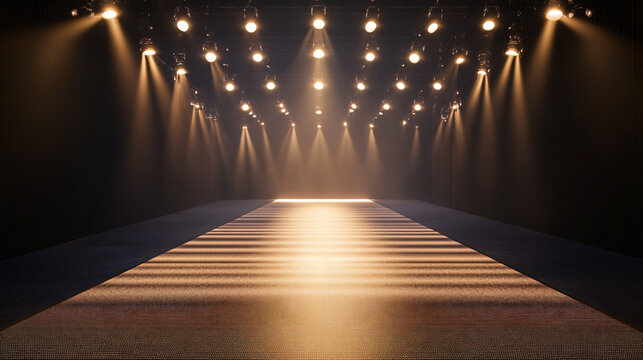 Empty catwalk with many spotlights, fashion event, runway podium stage