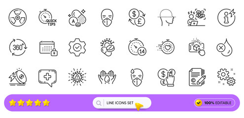 Quick tips, Power info and Sick man line icons for web app. Pack of 360 degree, Medical chat, Work pictogram icons. Chemical hazard, Quarantine, Timer signs. Difficult stress. Search bar. Vector