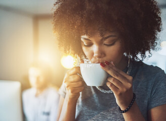 Business, woman and cup for drinking coffee in office with morning routine, caffeine break and...