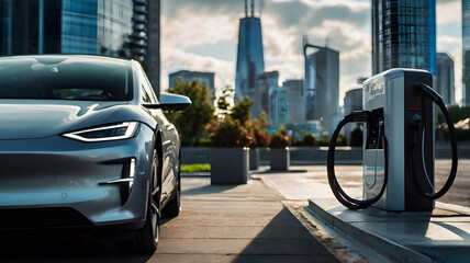 A utting-edge electric car parked at a charging station, with the city skyline and futuristic buildings in the distance