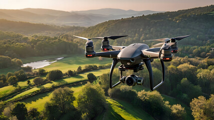 a modern drone flying over a scenic landscape,  