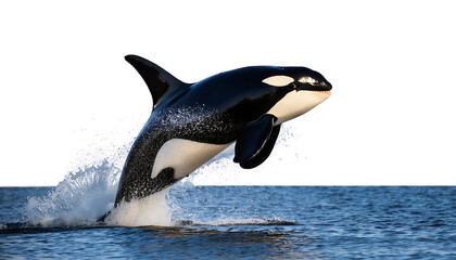 Fototapeta premium Orca whale jumping out of the ocean, water splashing around, isolated on a transparent _1(145)