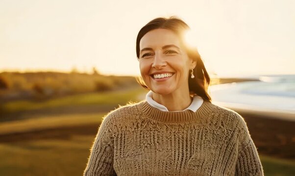 Lifestyle portrait video of a pleased woman in her 40s wearing a cozy sweater against a summer landscape or beach background