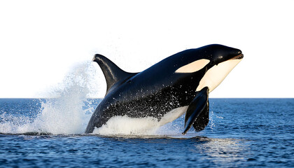 Fototapeta premium Orca whale jumping out of the ocean, water splashing around, isolated on a transparent back_1(144)
