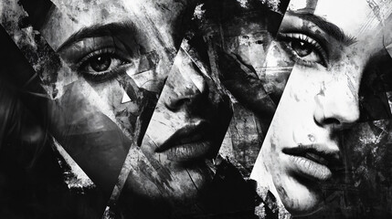 Faces collage abstract black and white background, wallpaper illustration