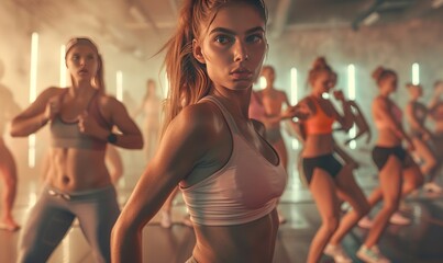 Group fitness class in a studio, energetic and lively, showcasing community