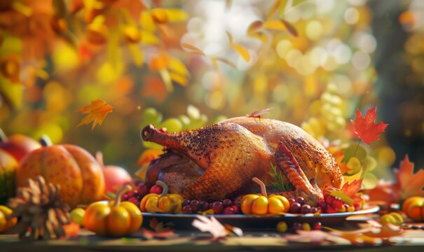 Joyful Thanksgiving meal with a delectable turkey, an autumn-themed table setting adorned with colorful leaves, and a family sharing laughter and gratitude