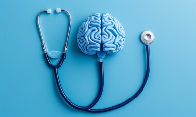 Neurological and psychological care Symbol of brain and stethoscope on blue background highlighting conditions like Alzheimer s Parkinson s dementia stroke seizure and mental health awarene