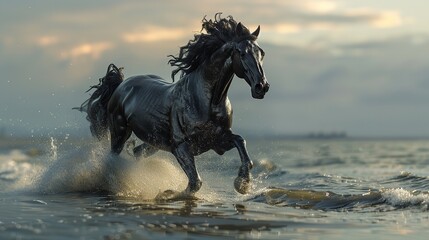 beautiful black horse playing on beach