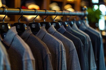 Fototapeta premium Dans une boutique de mode, des chemises colorées et des robes sont suspendues sur des cintres dans une penderie bien organisée, prêtes à être choisies.