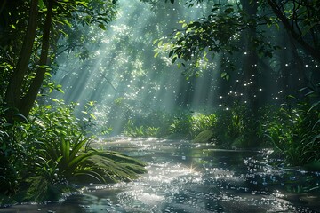 A quiet forest with a babbling brook, soft light rays filtering through dense canopy, illuminating the sparkling water and creating a serene and peaceful atmosphere