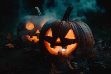 Fototapeta premium Halloween pumpkin glowing in the dark surrounded by smoke with another pumpkin in the background. Spooky halloween background