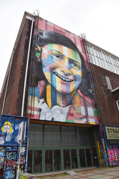Amsterdam, the Netherlands. July 28, 2024. A mural of Anne Frank at the NDSM-werf in Amsterdam.