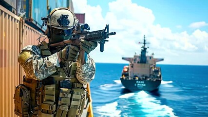 Observe the soldier's vigilance on a modern container ship at sea, weapon ready, securing it from piracy in bright sunshine, highlighting its strategic value in maritime security efforts