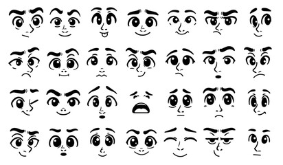 A set of anime-style expressions. Different eyes, mouth, eyebrows. A hand-drawn vector illustration is isolated on a white background.